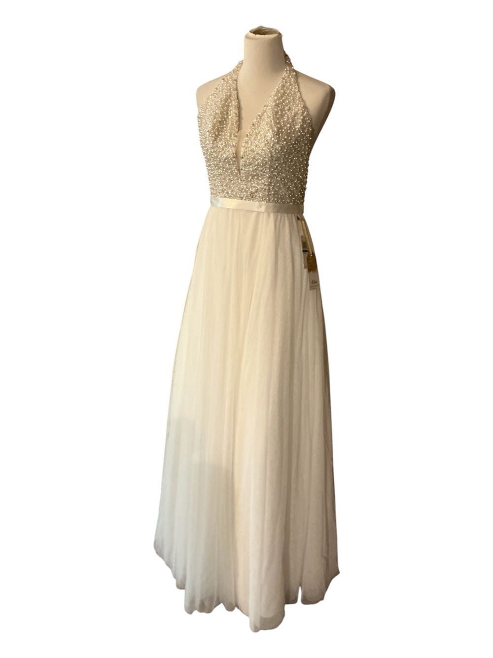 Pearl-Embellished Halter Evening Gown - Ivory